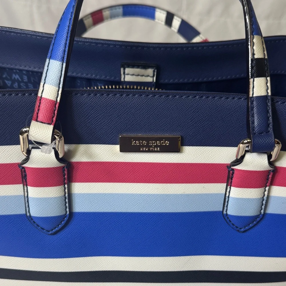 Kate Spade New York Striped Satchel Tote‎ Crossbody Bag Navy Rose White Blue